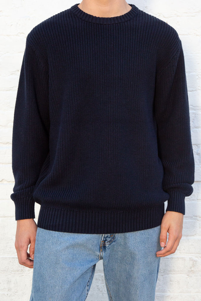 Navy Blue Ribbed Knit Sweater 31039345066175